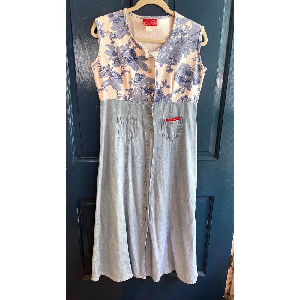 Sweet Heart Vintage Floral Denimโ Maxi Dress Blue White Button Front Sleeveless